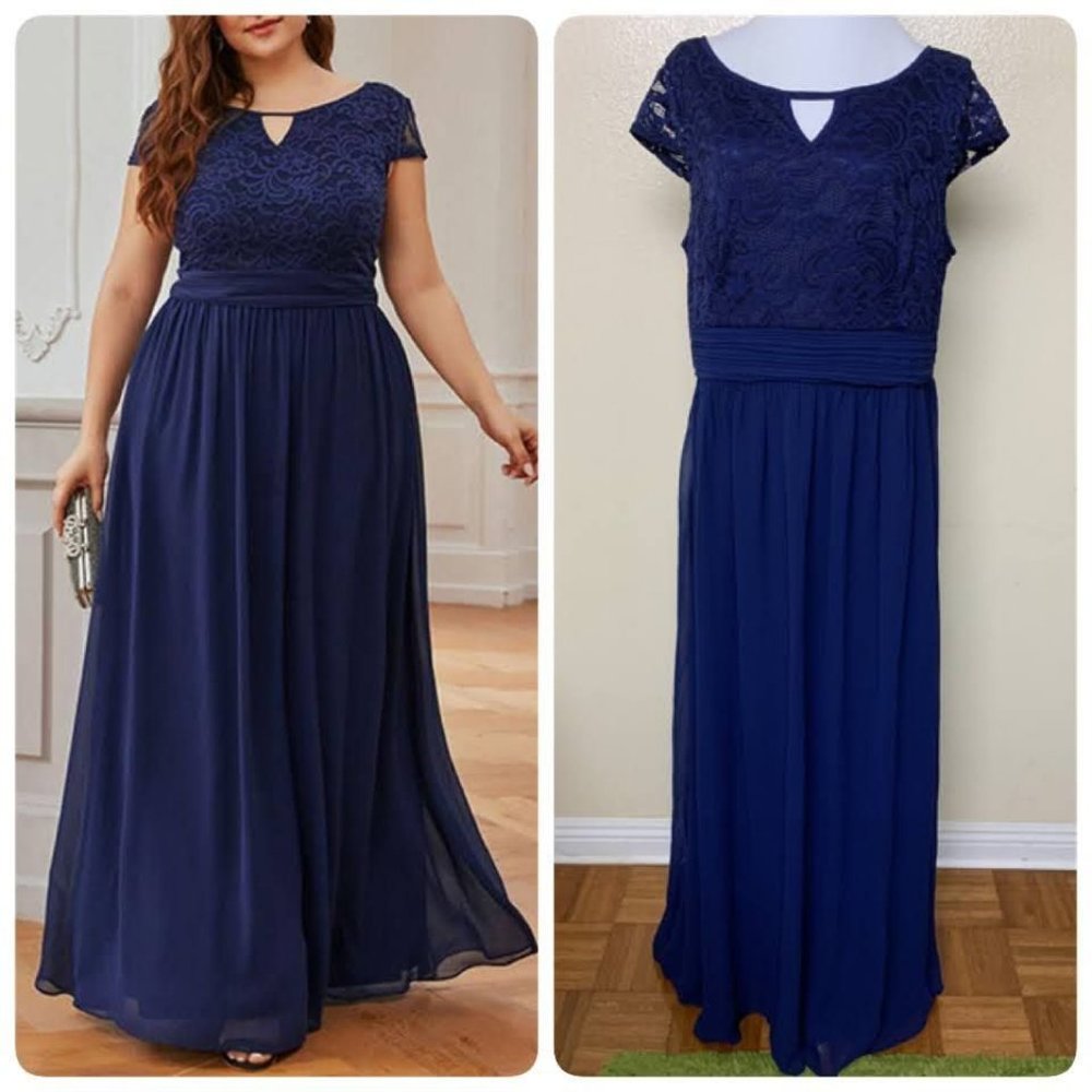 Ever Pretty Plus Lace High Waist Cap Sleeve Evening MTB Gown Sz 18 Navy